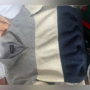 White, Grey, and Blue Pullover Jacket.